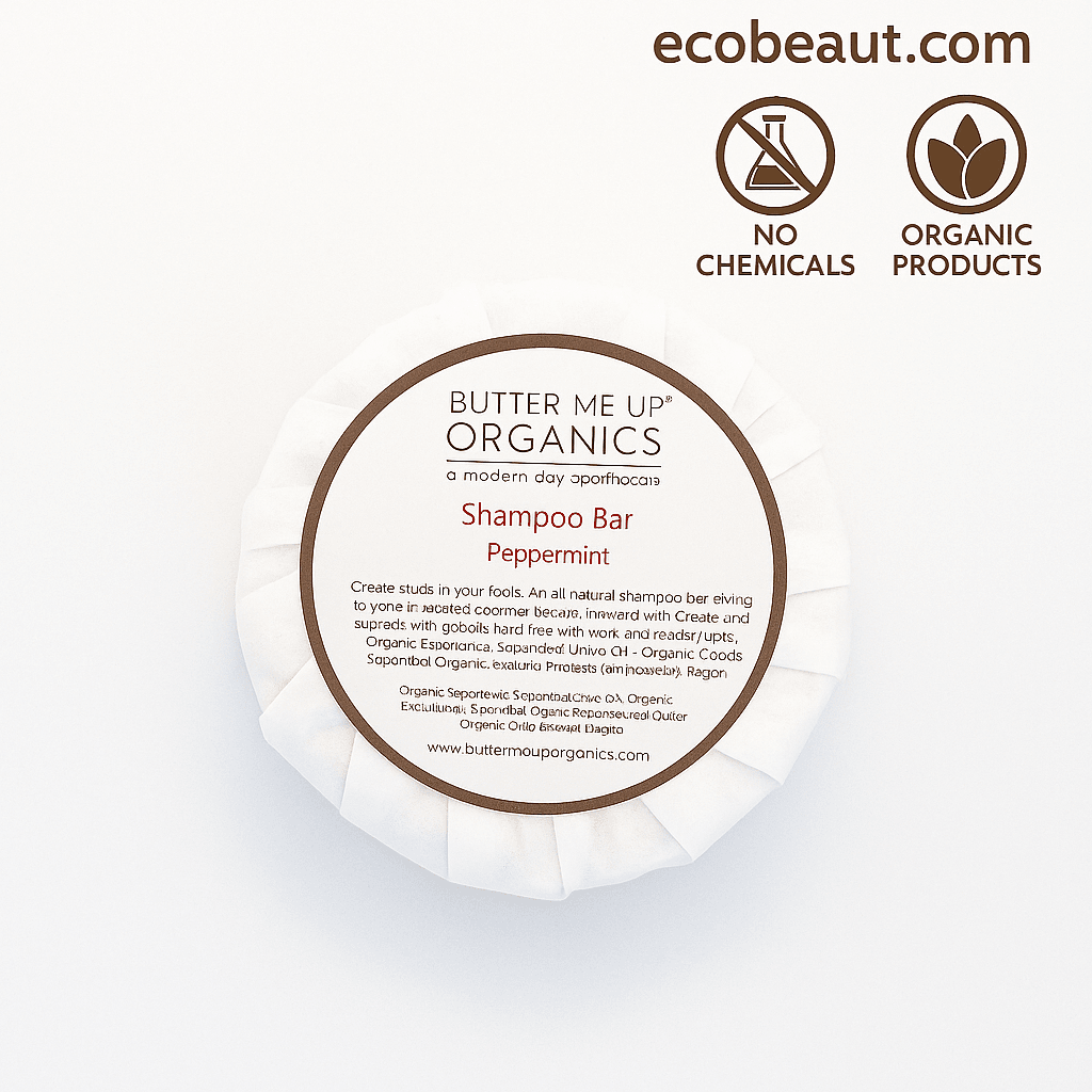 Butter Me Up Organics Peppermint Shampoo Bar on a white background with ecobeaut.com, No Chemicals, Organic Products labels.