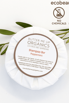 Butter Me Up Organics Peppermint Shampoo Bar with green leaves, ecobeaut.com, No Chemicals, Organic Products labels in the top right corner.





