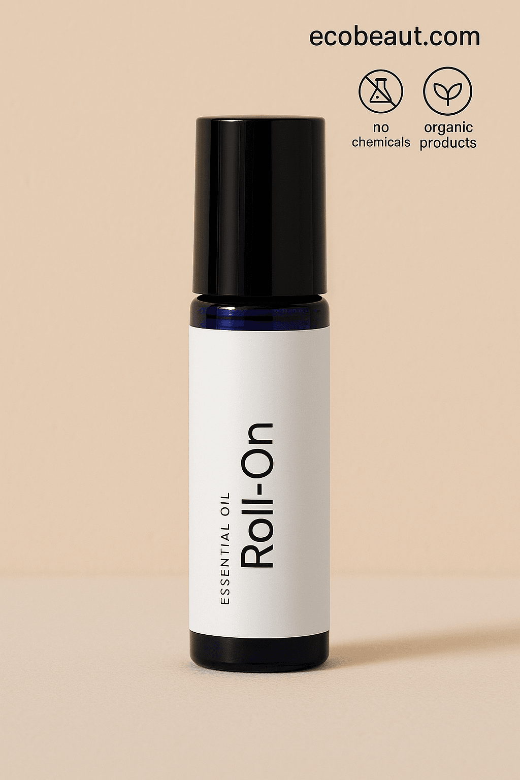 Butter Me Up Organics Roll-On essential oil in minimalist bottle with black cap, featuring ecobeaut.com and icons for organic products and no chemicals – aromatherapy roll-on USA