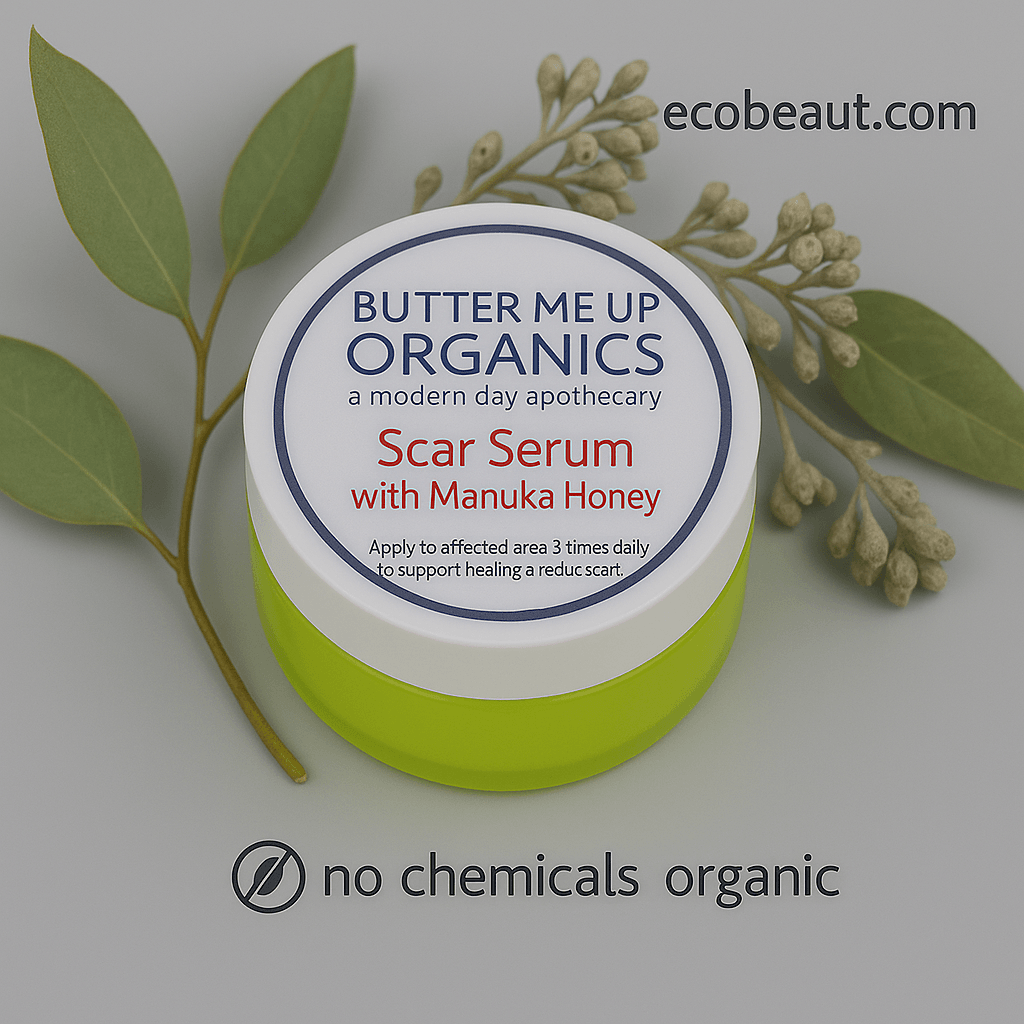 Butter Me Up Organics Scar Serum with Manuka Honey jar on a gray background, featuring ecobeaut.com in the top right and both “no chemicals” and “organic products” labels clearly shown at the bottom of the image.