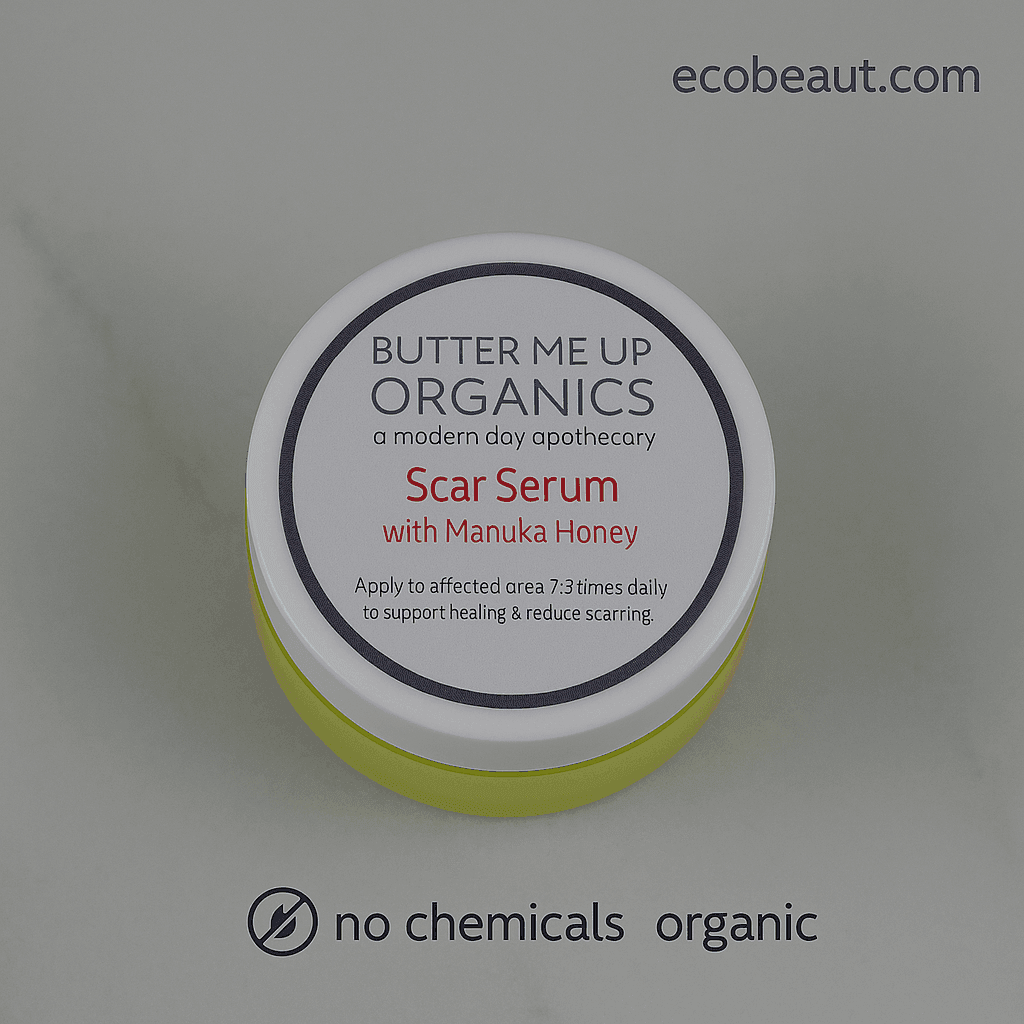 Butter Me Up Organics Scar Serum with Manuka Honey jar on a gray background, featuring ecobeaut.com in the top right and both “no chemicals” and “organic products” labels clearly shown at the bottom of the image.