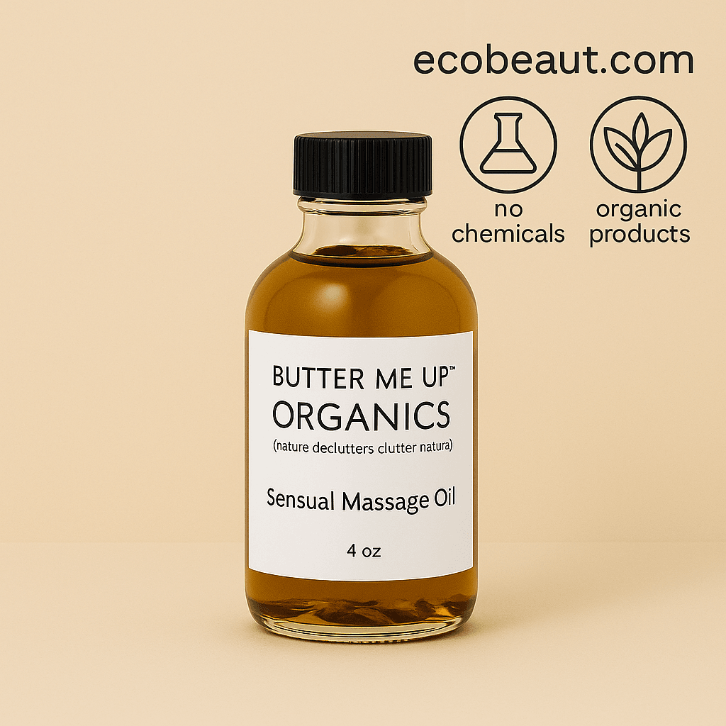 Butter Me Up Organics Sensual Massage Oil in an amber glass bottle on a beige background. Label clearly visible. Top right includes ecobeaut.com, no chemicals, and organic products icons.