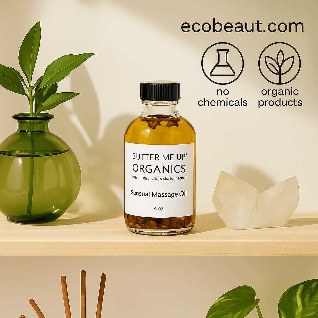Butter Me Up Organics Sensual Massage Oil on a wooden shelf with green plants and a crystal. Soft lighting and top right includes ecobeaut.com and icons: no chemicals, organic products.