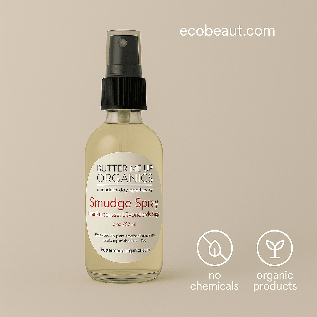 Butter Me Up Organics Smudge Spray bottle on a plain beige background with eco labels “no chemicals,” “organic products,” and the website ecobeaut.com in the top right corner.





