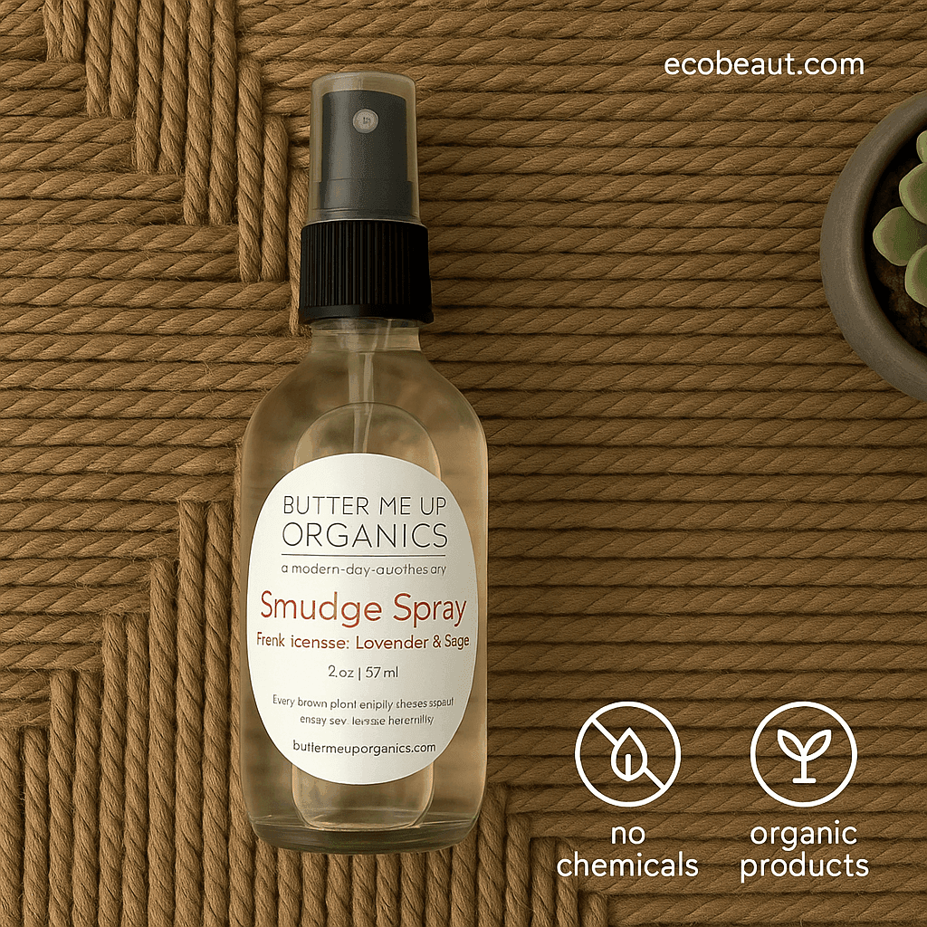 Butter Me Up Organics Smudge Spray bottle on a woven mat background with a succulent, eco labels “no chemicals” and “organic products,” and ecobeaut.com displayed in the top right corner.