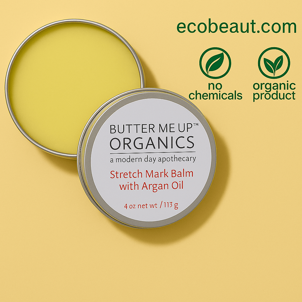 Butter Me Up Organics Stretch Mark Balm with Argan Oil in a silver tin on a yellow background, with lid partially open, showing the balm inside; eco-friendly labels "no chemicals" and "organic product" and ecobeaut.com displayed in the top right corner