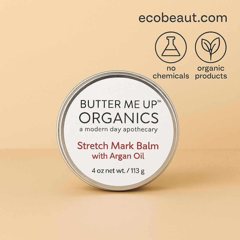 Butter Me Up Organics Stretch Mark Balm with Argan Oil on soft beige background, clean product presentation, ecobeaut.com