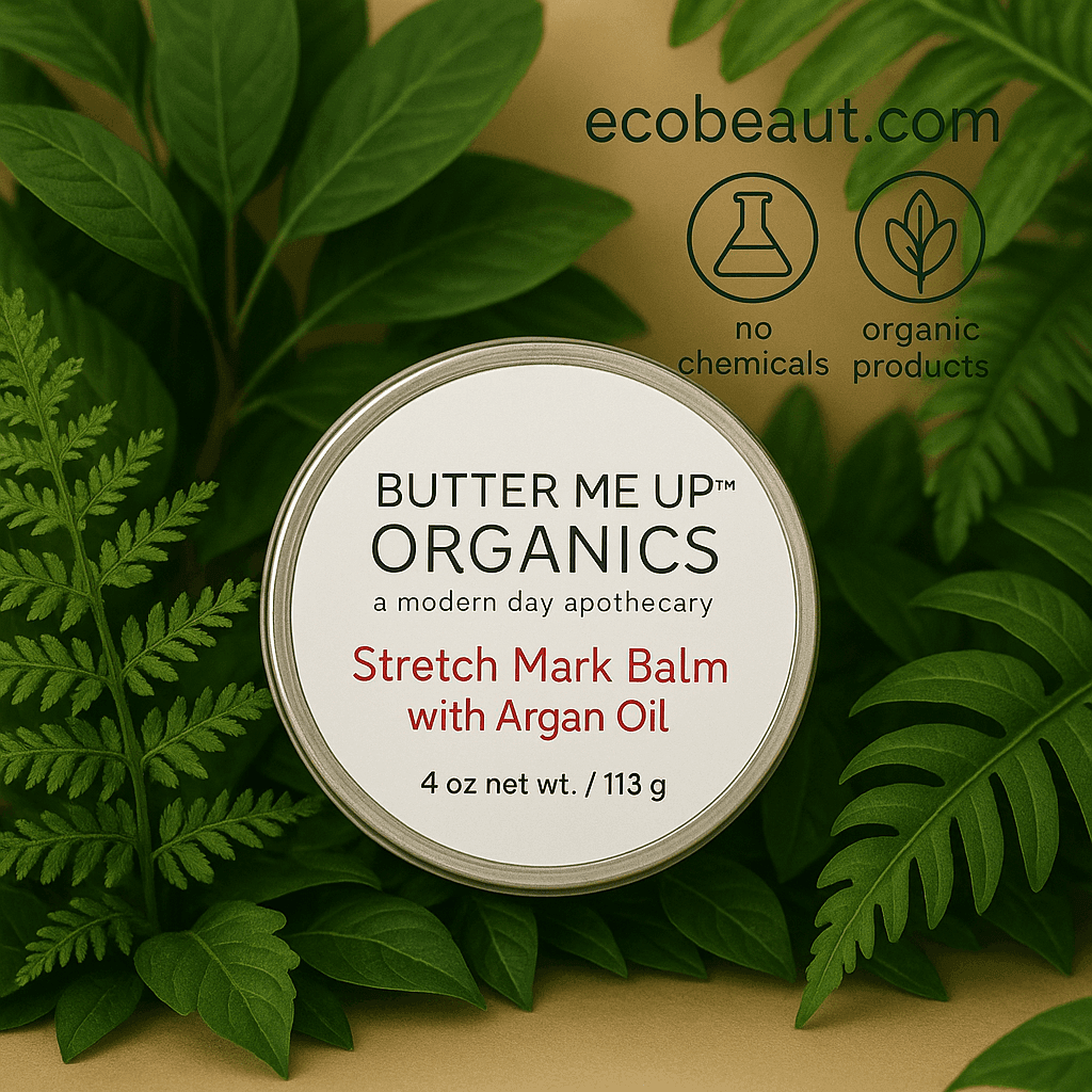 Butter Me Up Organics Stretch Mark Balm with Argan Oil placed among lush green leaves, organic skincare, eco-friendly, ecobeaut.com