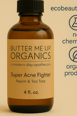 Butter Me Up™ Organics Super Acne Fighter bottle on a neutral beige background with bold label text and ecobeaut.com in the top right corner, accompanied by 'no chemicals' and 'organic products' icons, emphasizing natural skincare benefits