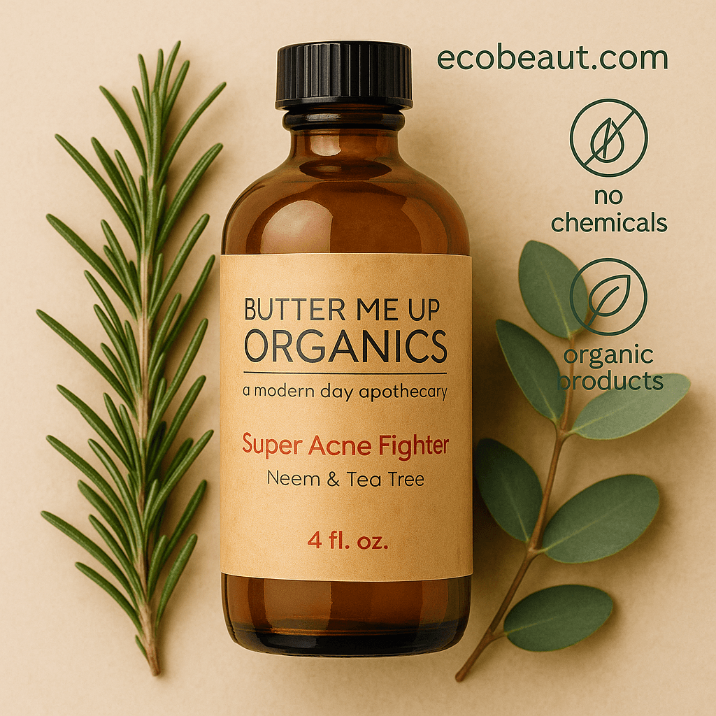 Butter Me Up™ Organics Super Acne Fighter bottle surrounded by eucalyptus and rosemary on a textured beige surface, with ecobeaut.com in the top right corner and eco-labels 'no chemicals' and 'organic products' displayed clearly