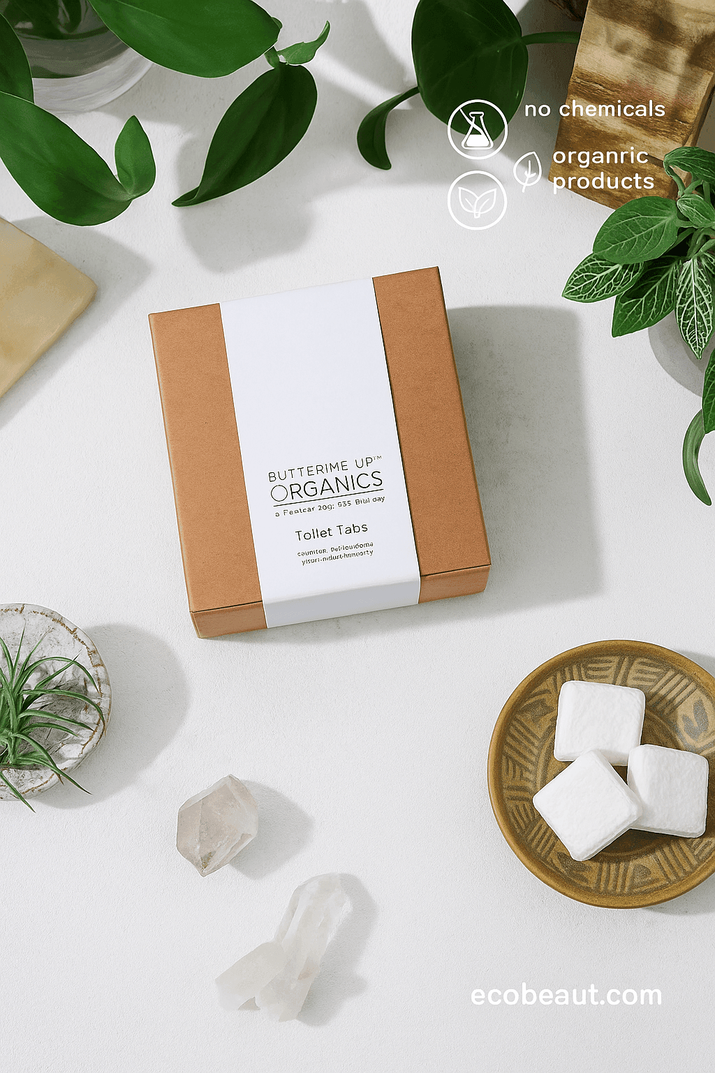 Butter Me Up Organics Toilet Tabs in kraft box surrounded by plants and crystals – eco-friendly toilet cleaner, chemical-free and organic

