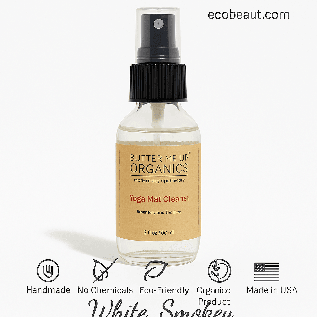 Butter Me Up Organics Yoga Mat Cleaner bottle with label on a white background