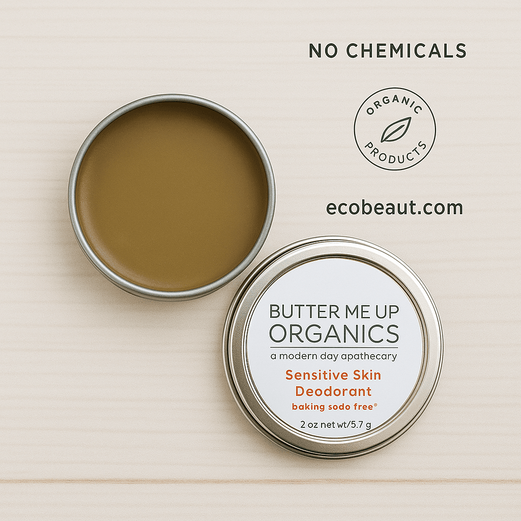 Butter Me Up Organics deodorant tin on a light wood background with eco-friendly labels and ecobeaut.com text.








