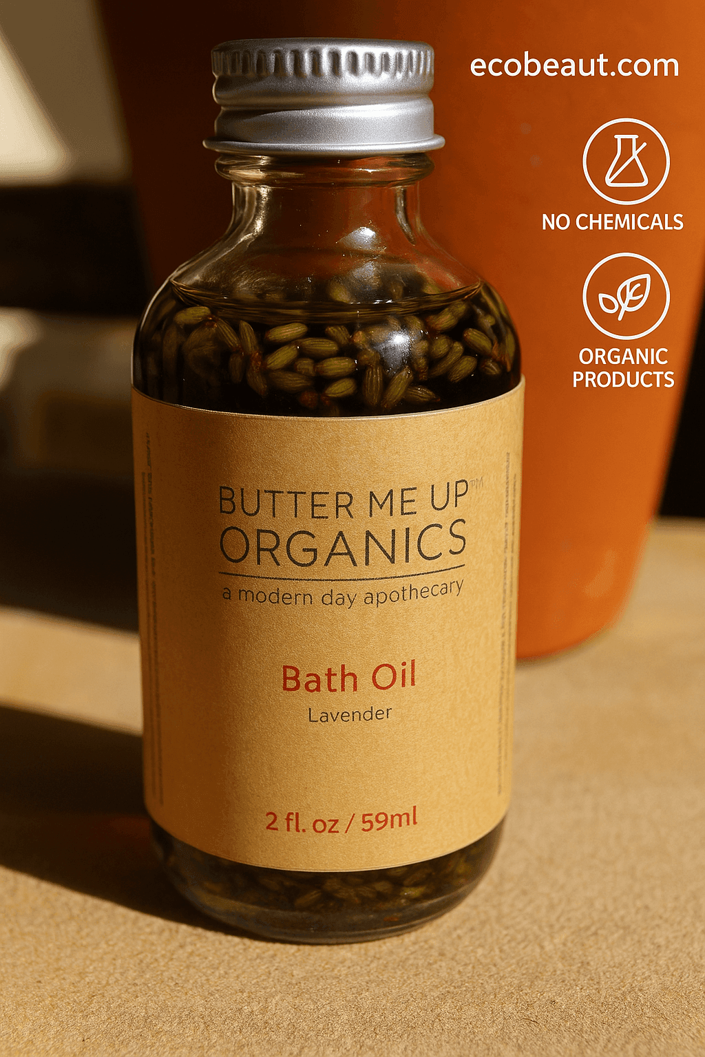 Butter Me Up Organics lavender bath oil with visible lavender buds – natural ingredients, organic skincare with no chemicals from ecobeaut.com