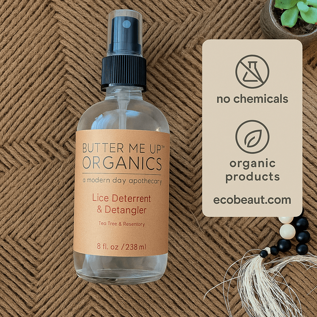 Butter Me Up Organics lice spray bottle on a natural woven surface with eco-friendly icons and ecobeaut.com branding.