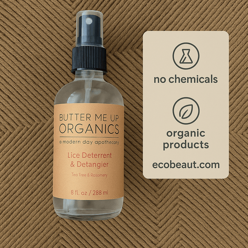 Butter Me Up Organics lice spray bottle on jute fabric with eco-friendly icons and ecobeaut.com branding.