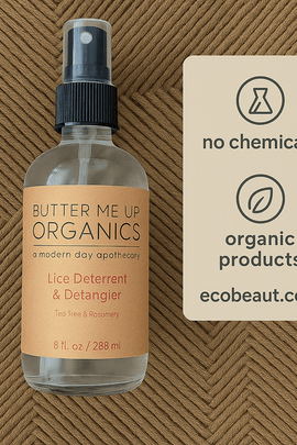 Butter Me Up Organics lice spray bottle on jute fabric with eco-friendly icons and ecobeaut.com branding.