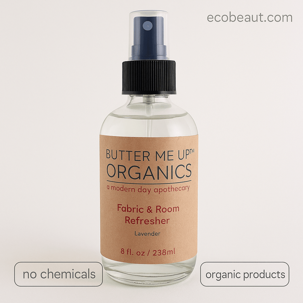Butter Me Up Organics room refresher lavender spray shown close-up with ecobeaut.com label and no chemicals, organic products icons – safe and non-toxic deodorizer