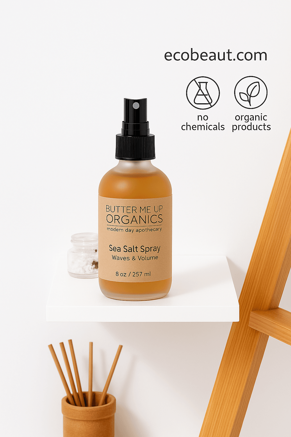 Butter Me Up Organics sea salt spray on a white shelf with plain white background and ecobeaut.com branding.