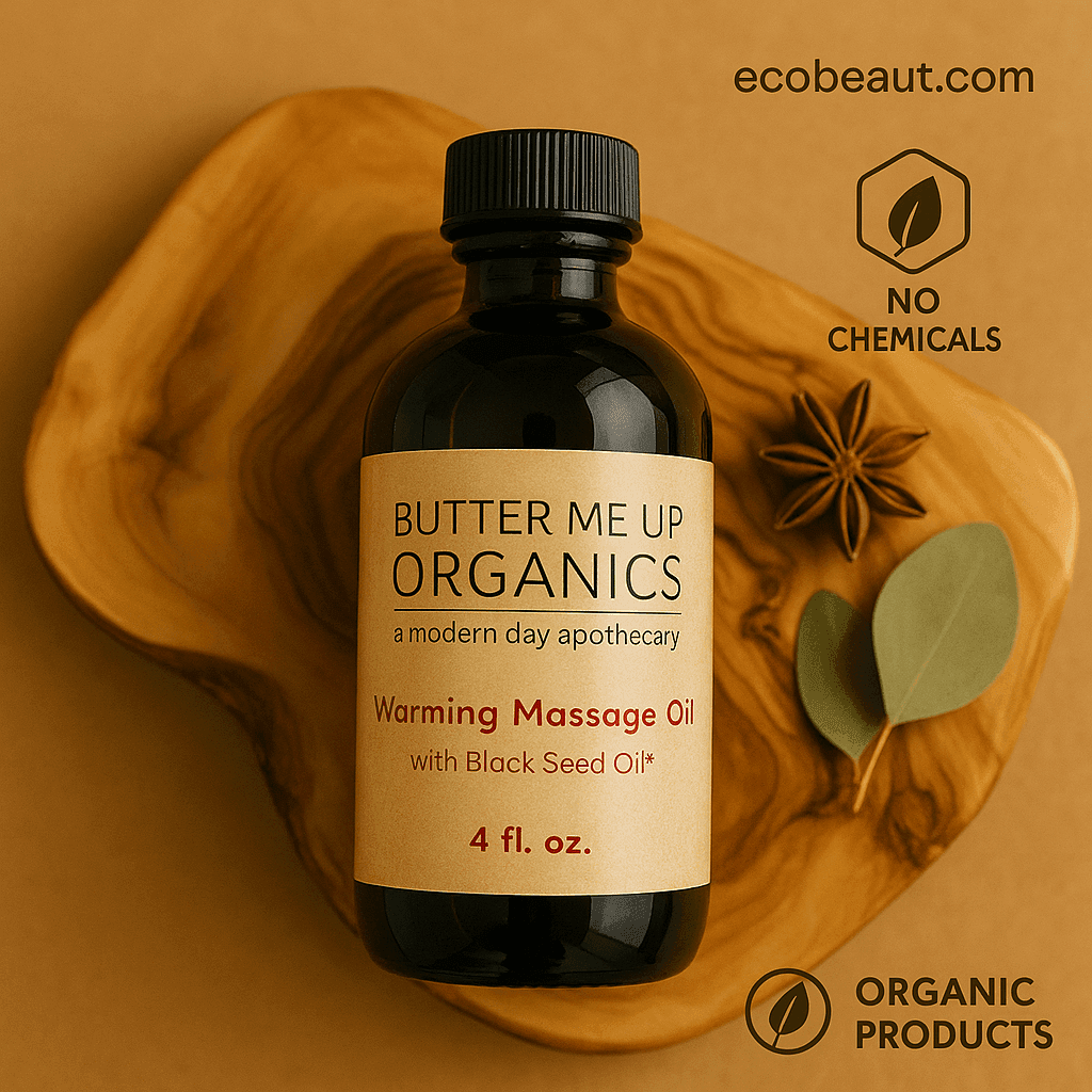 Butter Me Up Organics warming massage oil – wooden background with star anise and leaves – natural product – ecobeaut.com