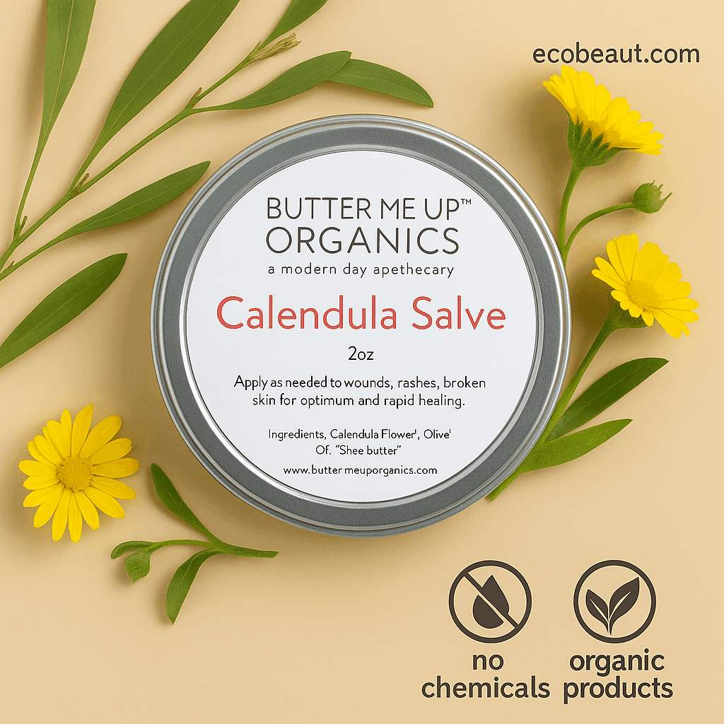 Calendula Salve in a silver tin from Butter Me Up Organics, surrounded by calendula flowers and green leaves on a beige background – ecobeaut.com, no chemicals, organic products