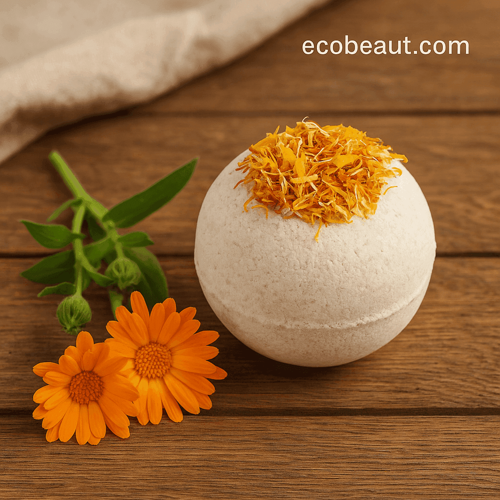 Calendula bath bomb with dried golden petals resting on a rustic wooden surface beside fresh calendula flowers, ecobeaut.com