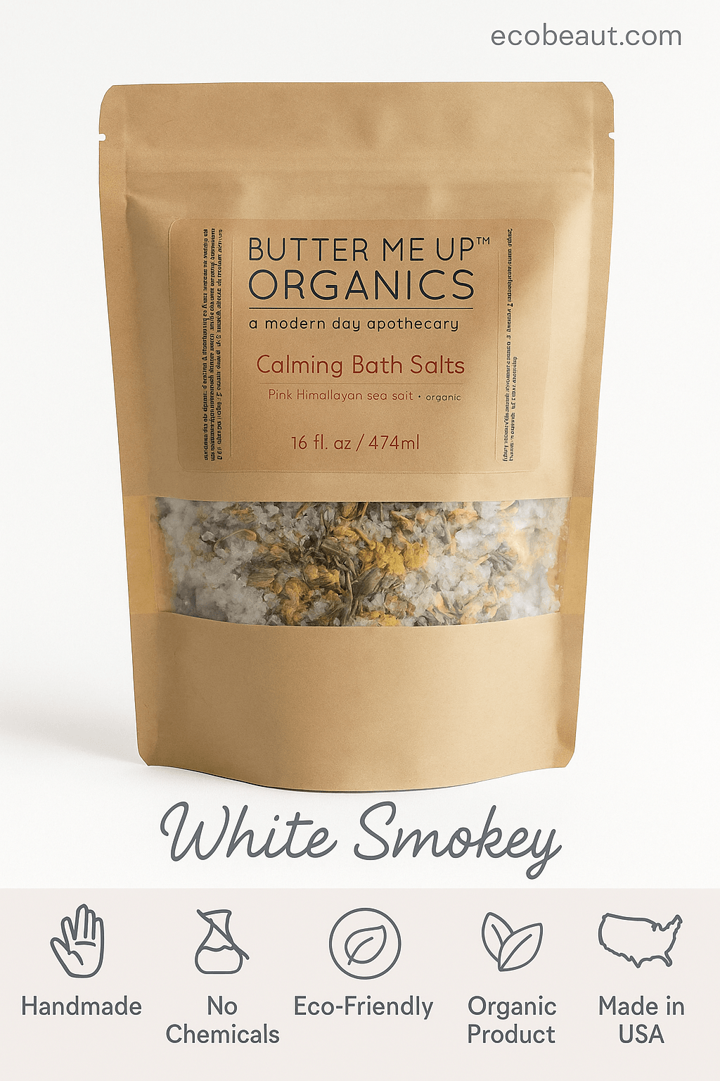 Calming bath salts in eco-friendly kraft pouch with visible herbs, labeled "White Smokey" – Handmade, No Chemicals, Organic Product, Eco-Friendly, Made in USA – ecobeaut.com