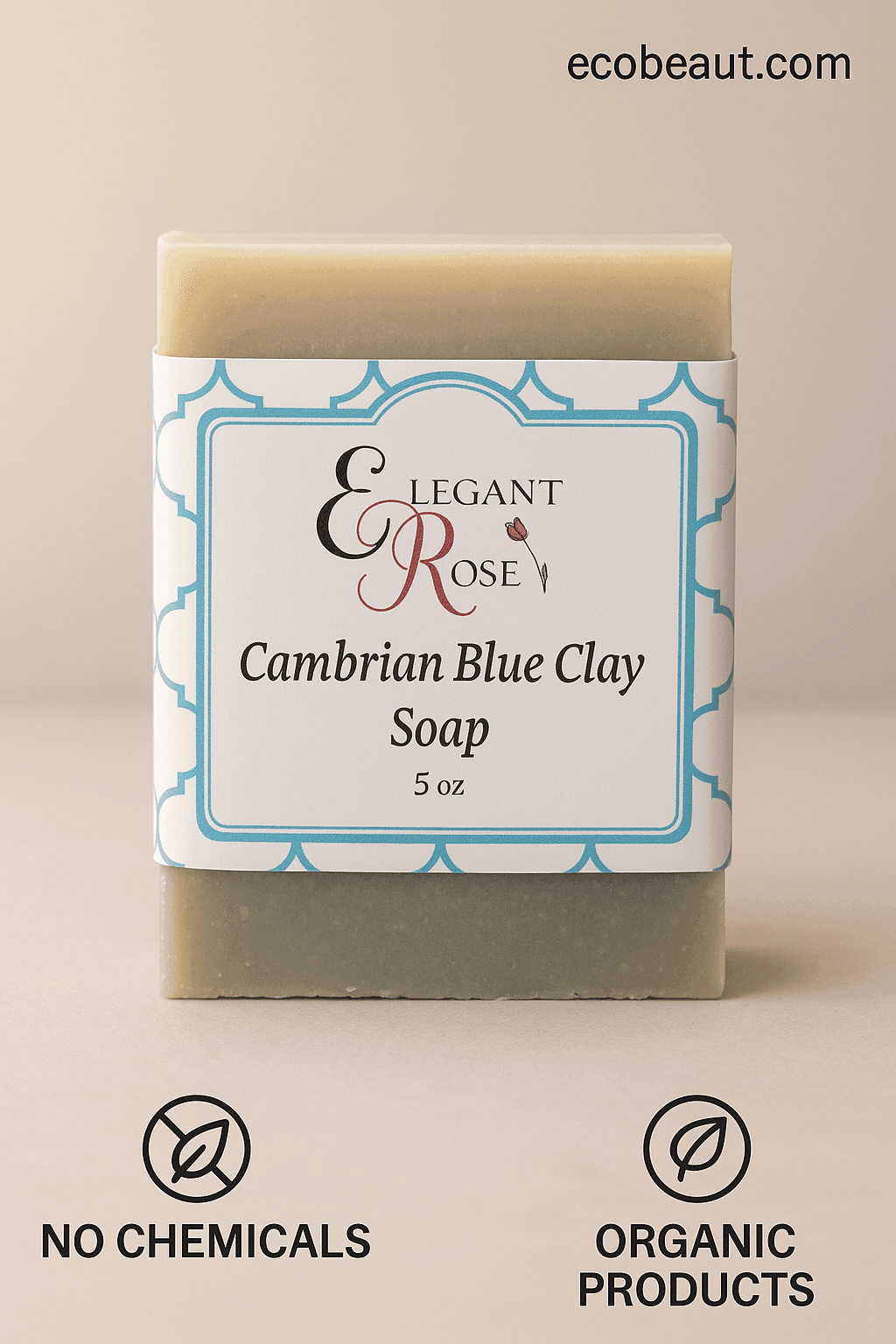 Cambrian Blue Clay Soap by Elegant Rose, standing on a neutral surface with label visible. 'ecobeaut.com' in the top right corner and eco-labels 'NO CHEMICALS' and 'ORGANIC PRODUCTS' at the bottom.