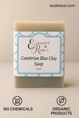 Cambrian Blue Clay Soap by Elegant Rose, standing on a neutral surface with label visible. 'ecobeaut.com' in the top right corner and eco-labels 'NO CHEMICALS' and 'ORGANIC PRODUCTS' at the bottom.