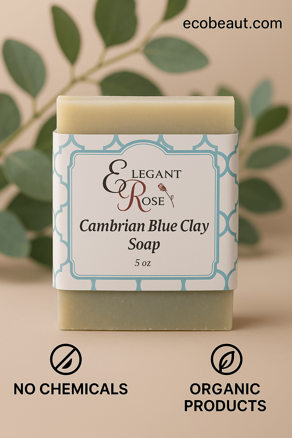 Cambrian Blue Clay Soap by Elegant Rose with decorative label, surrounded by green eucalyptus leaves. ecobeaut.com is in the top right and eco-labels 'NO CHEMICALS' and 'ORGANIC PRODUCTS' are at the bottom.