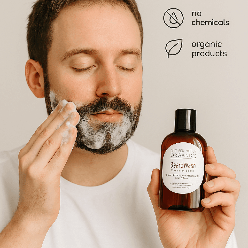 Caucasian man applying Butter Me Up Organics Beard Wash to his beard – natural foaming cleanser for healthy facial hair from ecobeaut.com