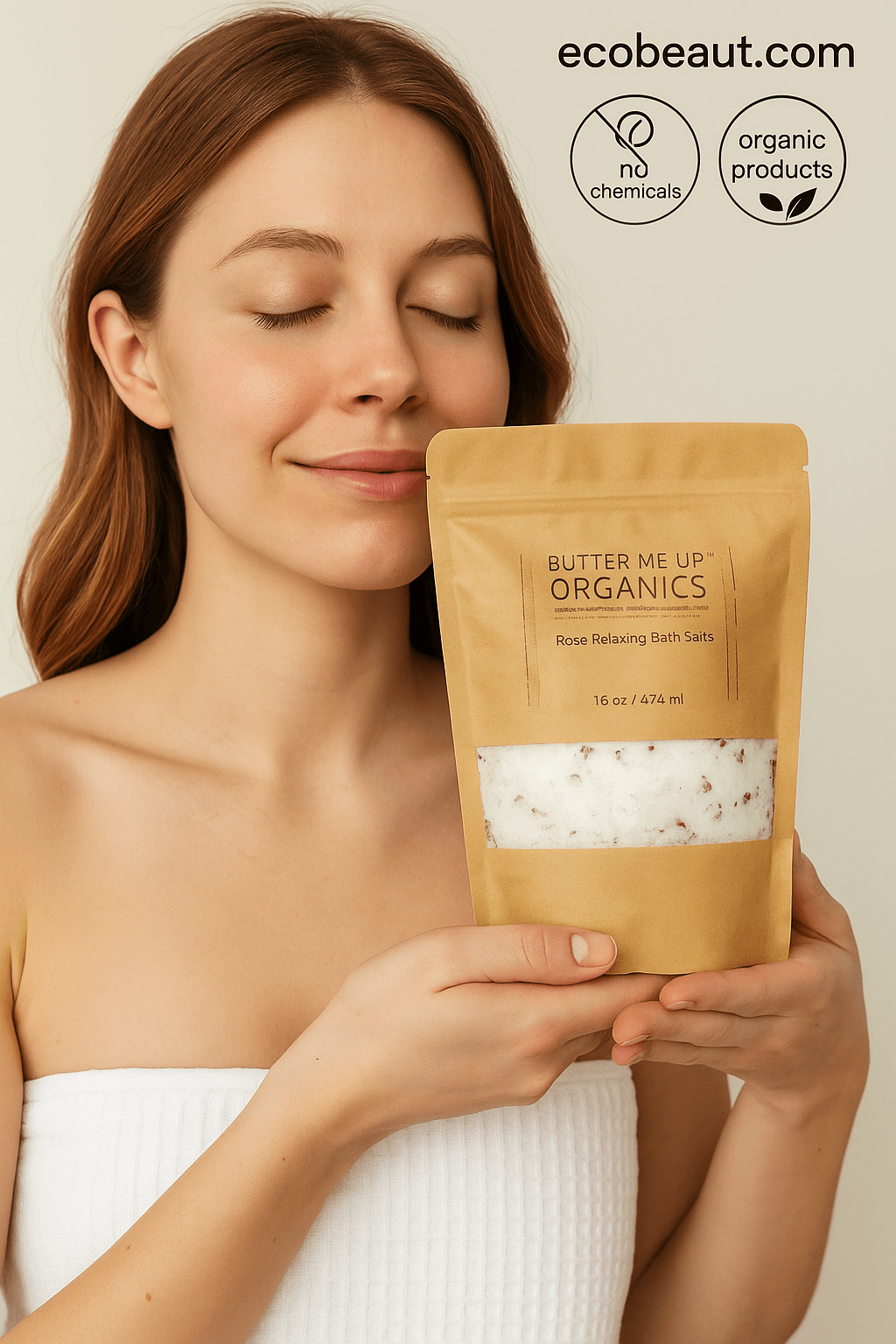 Caucasian woman holding a pouch of Organic Rose Relaxing Bath Salts during self-care routine – natural light and calm setting | ecobeaut.com