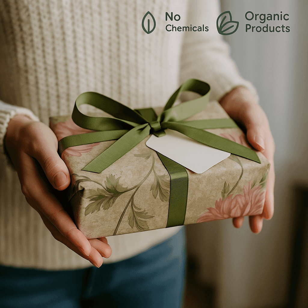 Caucasian woman's hand holding a natural bath gift set – chemical-free, organic wellness product from ecobeaut.com