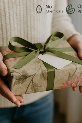 Caucasian woman's hand holding a natural bath gift set – chemical-free, organic wellness product from ecobeaut.com