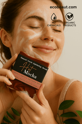 Caucasian woman smiling while washing her face with Hot Mocha artisan soap, featuring ecobeaut.com, “NO CHEMICALS,” and “ORGANIC PRODUCTS” icons in the top right corner.