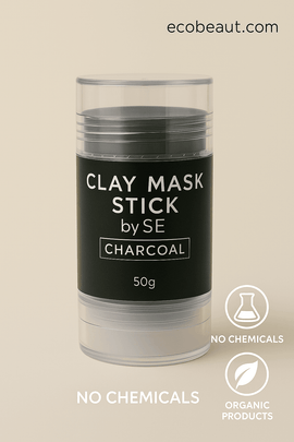 "Charcoal Clay Mask Stick by SE on a neutral background with ecobeaut.com in the top right corner and a single white label reading NO CHEMICALS at the bottom