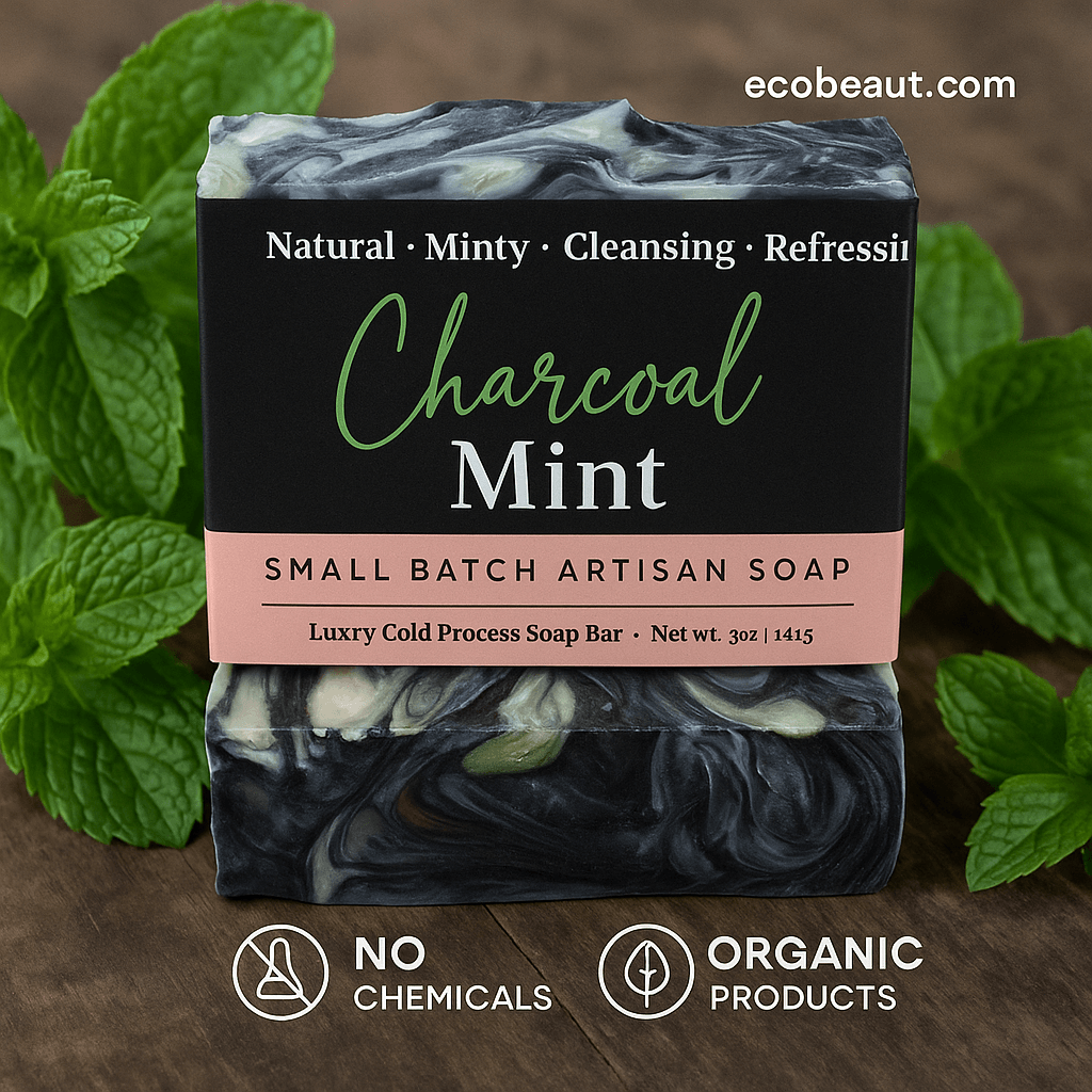 Charcoal Mint artisan soap on wood with mint leaves, eco labels, and ecobeaut.com in the top corner.
