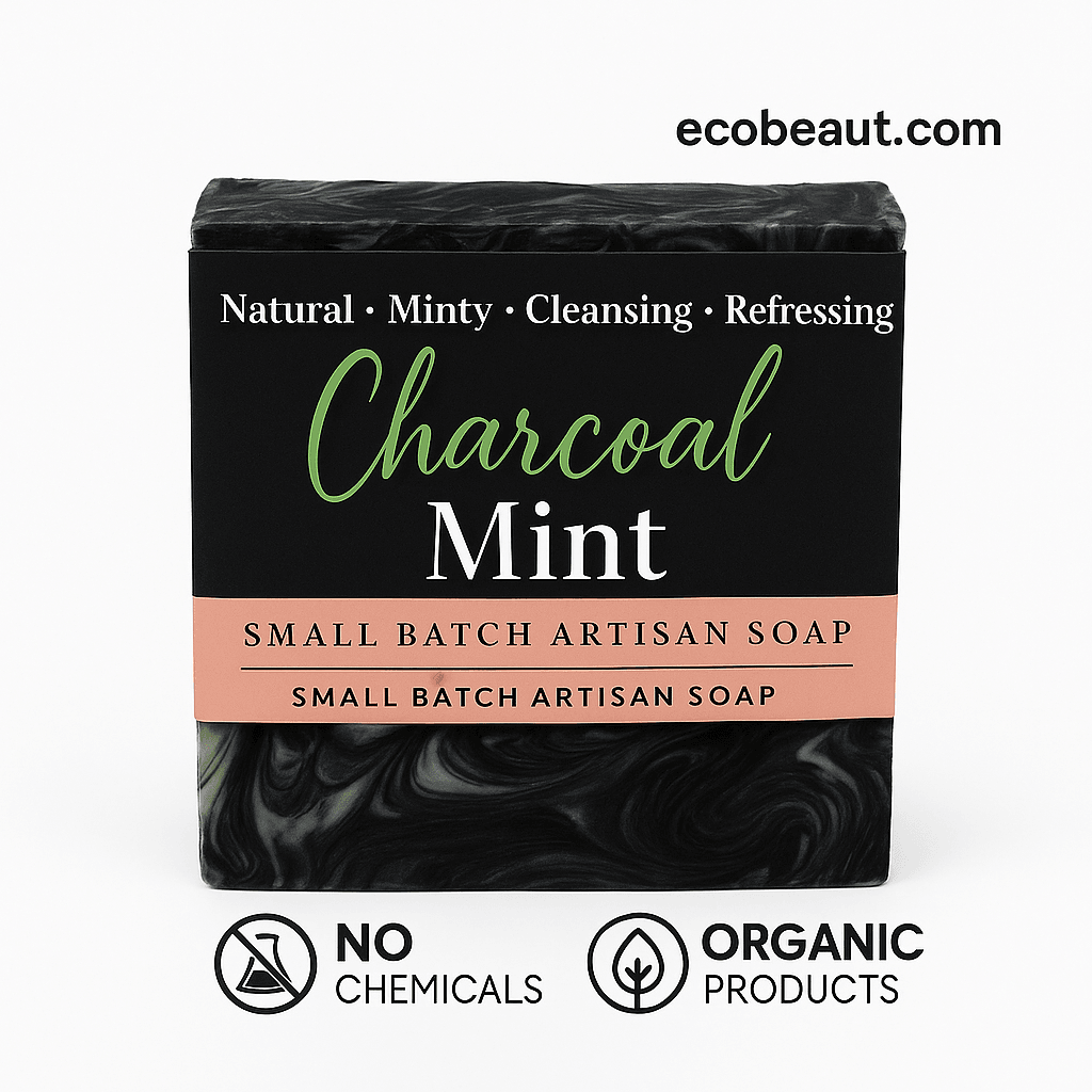 Charcoal Mint artisan soap with clean white background, eco-labels 'NO CHEMICALS' and 'ORGANIC PRODUCTS', and ecobeaut.com in the top right corner.