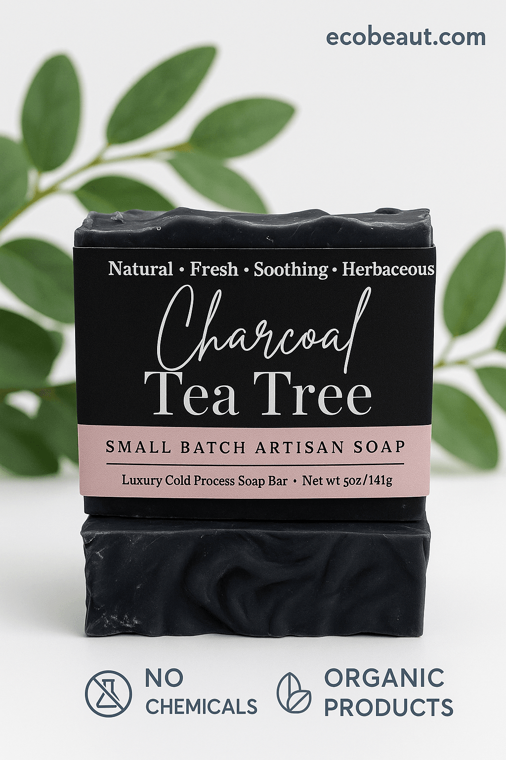 Charcoal Tea Tree artisan soap bar with black and pink label, set against a white background with green eucalyptus leaves. 'ecobeaut.com' is in the top right, with eco-labels 'NO CHEMICALS' and 'ORGANIC PRODUCTS' at the bottom.