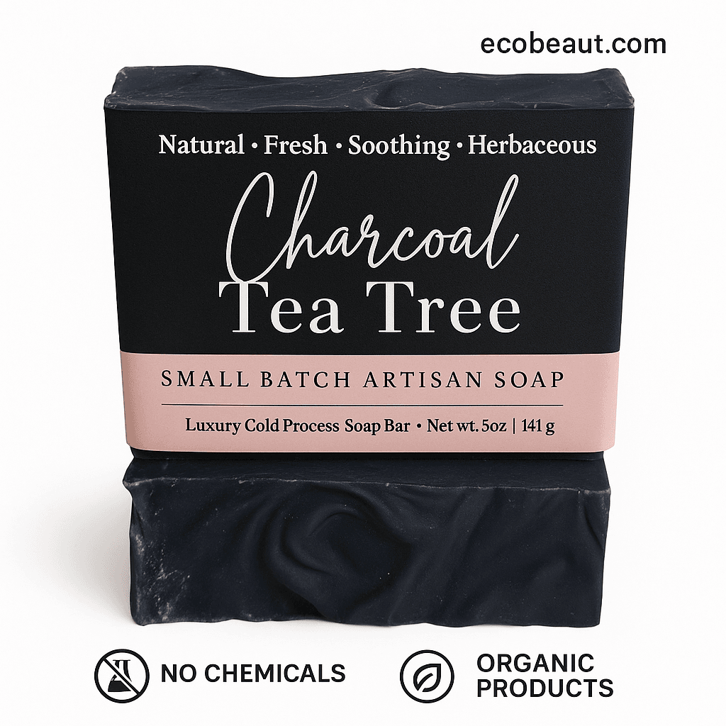 Charcoal Tea Tree artisan soap with a black and pink label, set against a white background. 'ecobeaut.com' is in the top right, and eco-labels 'NO CHEMICALS' and 'ORGANIC PRODUCTS' are displayed at the bottom.