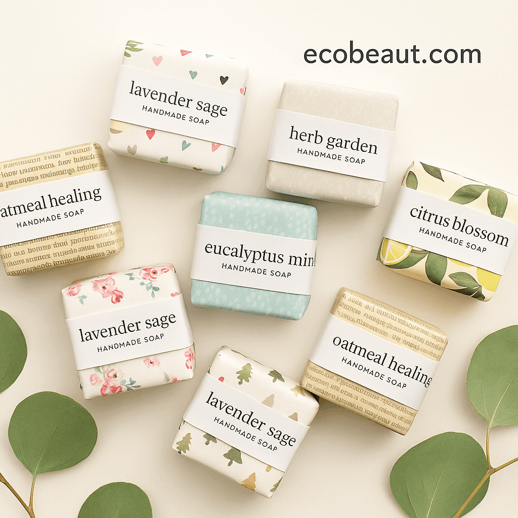 Beautifully wrapped handmade soaps including lavender sage and eucalyptus mint, arranged on a white background with eucalyptus leaves – organic skincare by ecobeaut.com