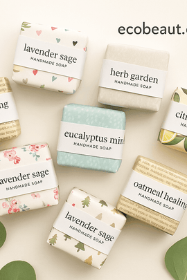 Beautifully wrapped handmade soaps including lavender sage and eucalyptus mint, arranged on a white background with eucalyptus leaves – organic skincare by ecobeaut.com