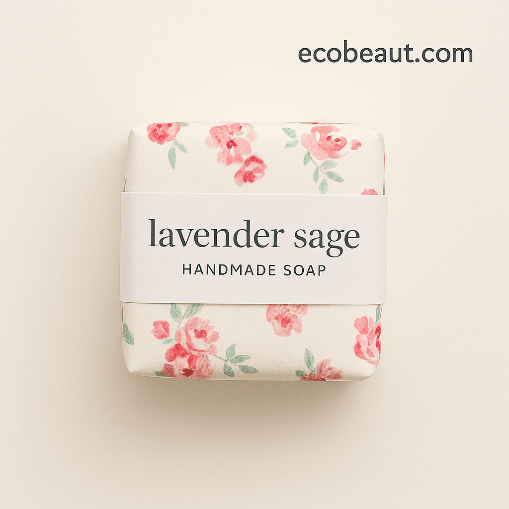 Close-up of lavender sage handmade soap with pink floral wrapping and ecobeaut.com branding – natural artisan skincare