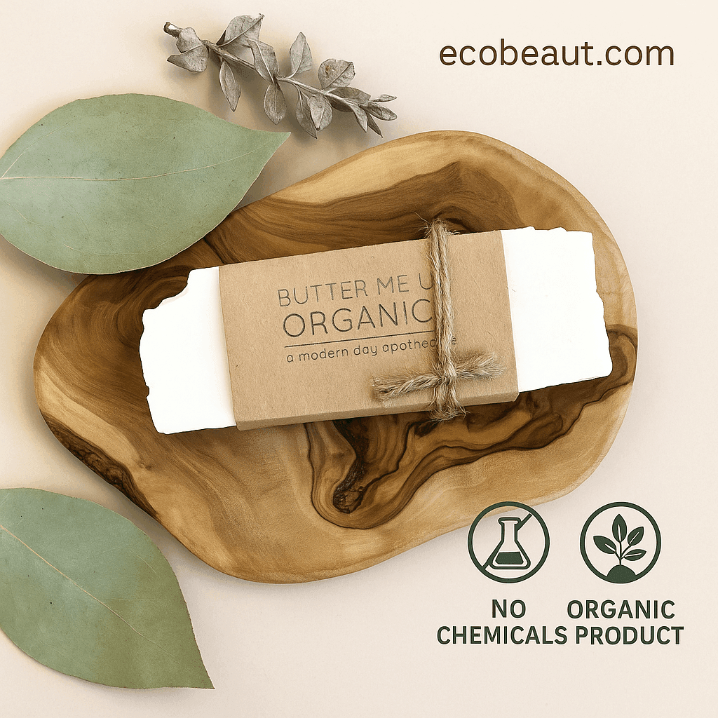 Butter Me Organic soap bars on a wooden tray with leaves and 'ecobeaut.com' branding.