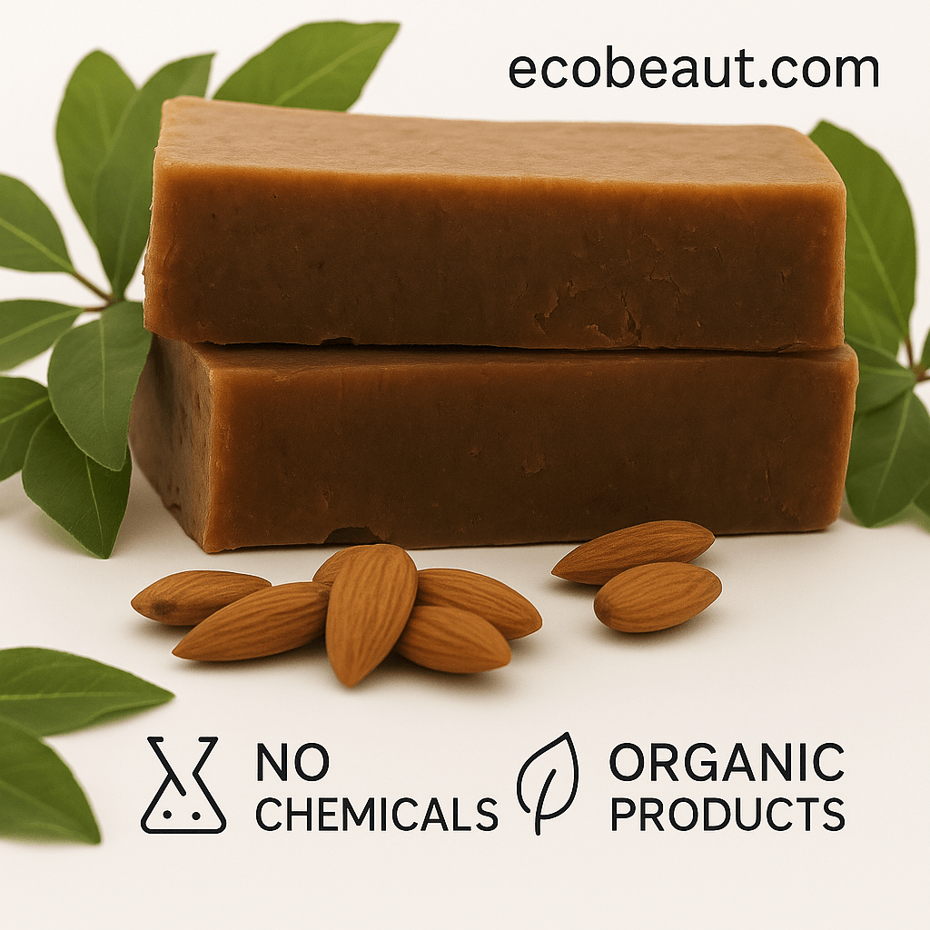 Cinnamon Honey and Almond Soap bars with raw almonds and green almond leaves on a white background. 'ecobeaut.com' is displayed in the top right, with eco-labels 'NO CHEMICALS' and 'ORGANIC PRODUCTS' at the bottom.