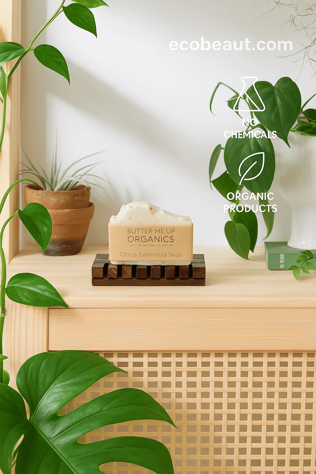 Citrus Calendula soap bar by ecobeaut.com on a wooden soap dish, surrounded by houseplants and soft light, with “NO CHEMICALS” and “ORGANIC PRODUCTS” icons in the upper right corner.