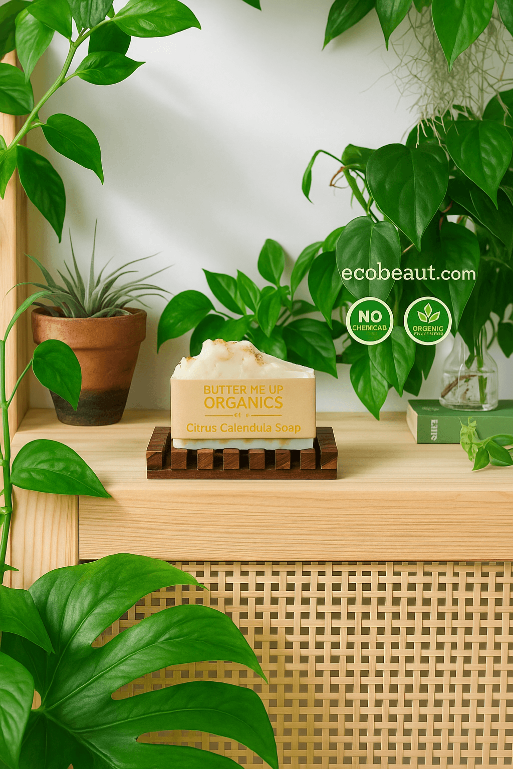 Citrus Calendula soap bar by ecobeaut.com on a wooden soap dish, surrounded by lush green houseplants, with yellow label text and “NO CHEMICALS” and “ORGANIC PRODUCTS” icons in the upper right corner.