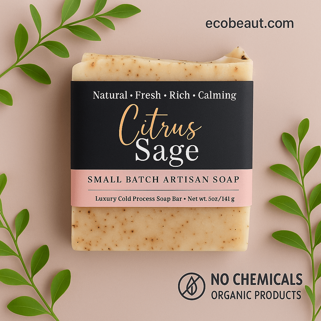 Citrus Sage artisan soap with a blush and black label, placed on a soft mauve background surrounded by green leaves. ecobeaut.com appears in the top right, and eco-labels 'NO CHEMICALS' and 'ORGANIC PRODUCTS' are clearly displayed at the bottom.