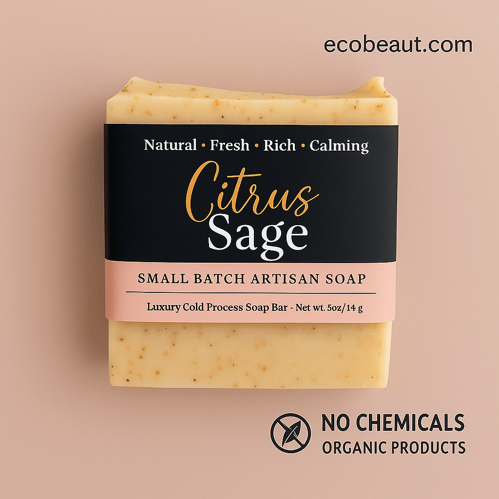 Citrus Sage small batch artisan soap on a clean mauve background with no greenery. ecobeaut.com is in the top right, with eco-labels 'NO CHEMICALS' and 'ORGANIC PRODUCTS' at the bottom.