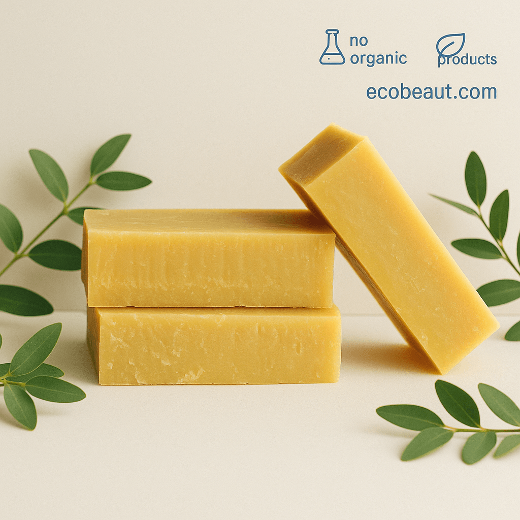 Citrus Zest organic soap bars stacked with green leaves – natural beer shampoo and body bar, no chemicals, from ecobeaut.com